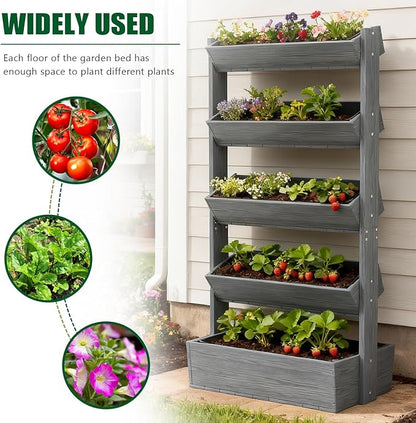 SUNYRISY 5 Tiers Vertical Raised Garden Bed Outdoor Planter Tower, Wooden Freestanding Planter Box for Planting Herbs Flowers Vegetables Patio Balcony Indoor Outdoor Gardening, Grey