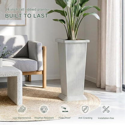 Tall Outdoor Planters Set of 2, 24" Tapered Outdoor Tall White Planter for Front Porch, Large Indoor Modern Planter Flower Pots with Tray, Drainage Holes (Ribbed)