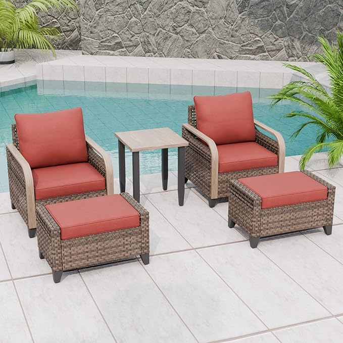 Modern Wicker Bistro Table and Chairs Set, Rattan Outdoor Bistro Set with Patio Chairs, Ottomans & Table, 5 Pieces, Brown/Red