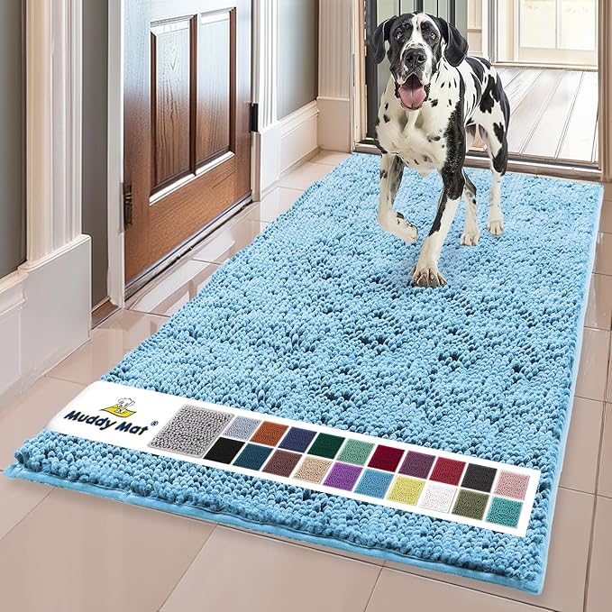 Muddy Mat® | Super Water Absorbent Door Mat Indoor, Microfiber Quick Dry Chenille Entryway Rug, Slip Resistant Front Door Mat, Indoor Mats for Entryway, Machine Washable Pet Rug, Sky Blue 24" x 120"