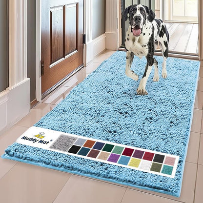 Muddy Mat® | Super Water Absorbent Door Mat Indoor, Microfiber Quick Dry Chenille Entryway Rug, Slip Resistant Front Door Mat, Indoor Mats for Entryway, Machine Washable Pet Rug, Sky Blue 35"x60"