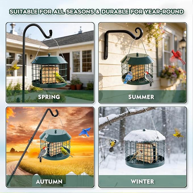Gbekery Caged Suet Bird Feeder for Outdoors Hanging, Squirrel Proof Double Suet Feeder for Small Birds, Metal Cage with Detachable Hook, Large Space, Outdoors Weatherproof, Green