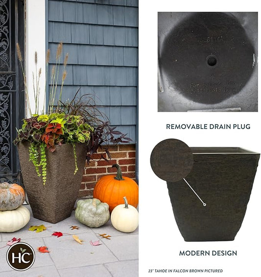 The HC Companies Tahoe Tall Square Planter - Weather-Resistant Indoor & Outdoor Plant Pot - Premium Decorative Planter Made from Crushed Stone Resin (23”H, Falcon Brown, Pack of 1)