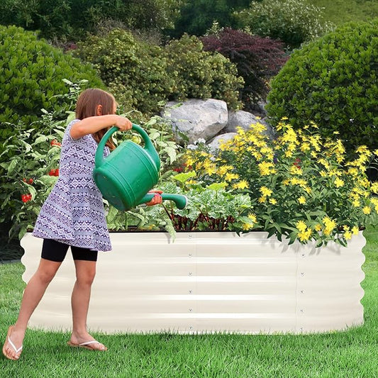 Aoodor 60"" L x 15"" W x 17"" H Galvanized Raised Garden Bed, Durable Half Moon Outdoor Planter Box for Vegetables, Flowers, and Herbs, Beige