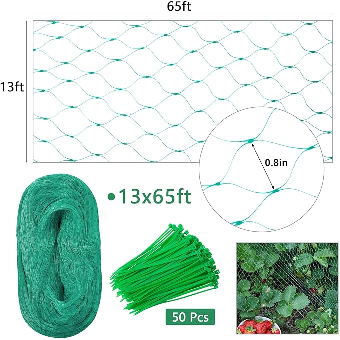 Unves 13 x 65 Ft Fruit Tree Netting, Bird Netting Against Birds and Other Animals Heavy Duty Garden Net Protect Fruit Trees and Vegetable Plants