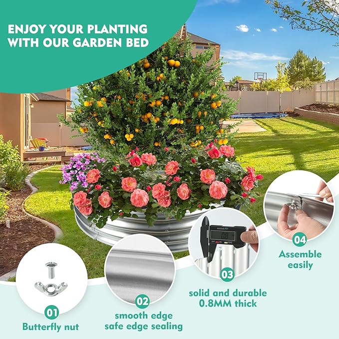 36 Inch Diameter Galvanized Garden Raised Bed/Plant Box/Fire Pit Ring-0.8mm Thick,12 Inch Tall,Crimped Edge and Corner,No Sharpe,Perfect for Plantings (Silver, 36 Dia X 11.5 inches)