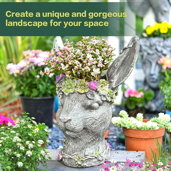 Sungmor Bobby Rabbit Head Planter - Premium Resin & 14.6" Tall Large Garden Pot - Lovely Animal Figurine Ornament Plant Container - Hand-Painted Decorative Plant Pot Indoor Artificial Flower Vase