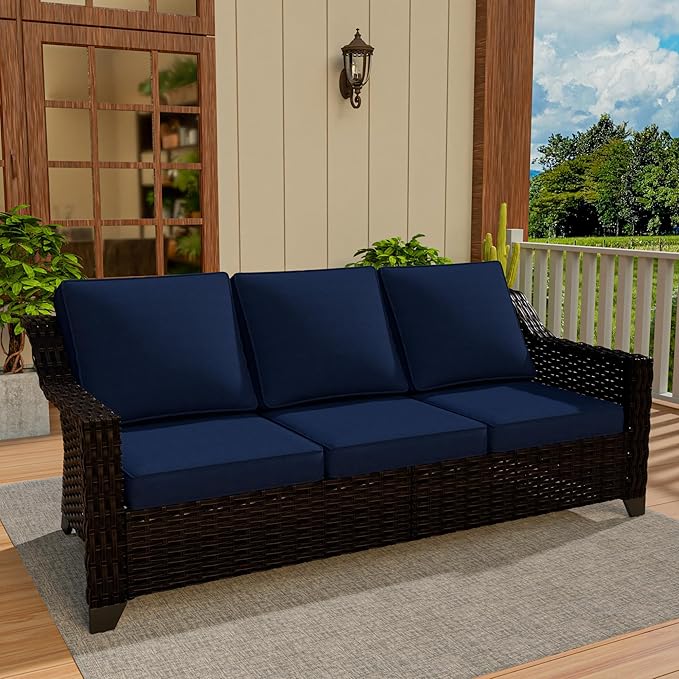 VistaVibe 78" Patio Wicker 3-seat Sofa, Deep Seat & Upholstered Loveseat, Outdoor All-Weather Rattan Couch with Removable Cushions, Steel Frame Couch for Garden, Poolside (Brown/Navy)