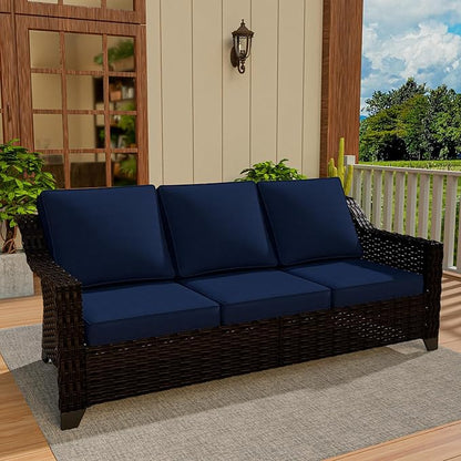 VistaVibe 78" Patio Wicker 3-seat Sofa, Deep Seat & Upholstered Loveseat, Outdoor All-Weather Rattan Couch with Removable Cushions, Steel Frame Couch for Garden, Poolside (Brown/Navy)