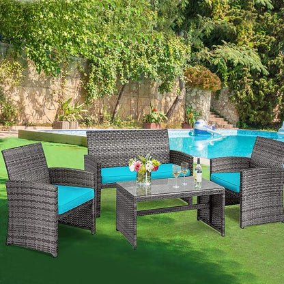 COSTWAY Patio Furniture Set 4 Pieces, Outdoor Wicker Chairs Sofa w/Coffee Table and Soft Cushions, Rattan Conversation Sets for Patio Lawn Backyard Yard Pool Garden, Turquoise