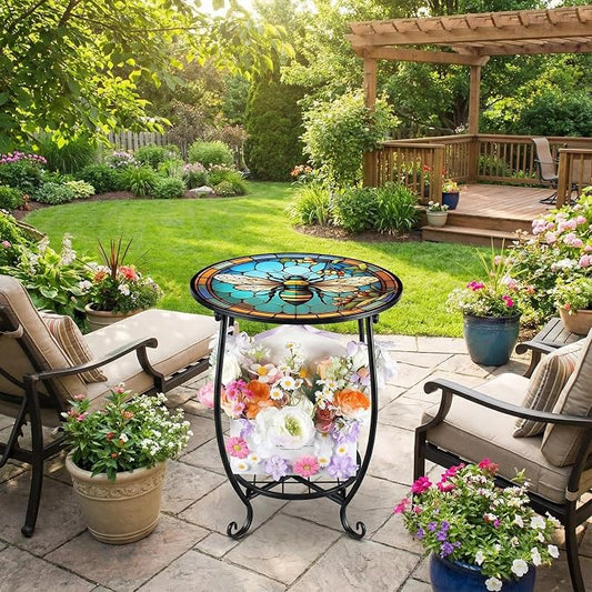 Cinnvoice Outdoor Side Table Round Small Mosaic Patio Accent Indoor End Plant Coffee Tea Table for Yard Patio Porch Garden Living Room, Bedroom(Bee Style,14 Inch)