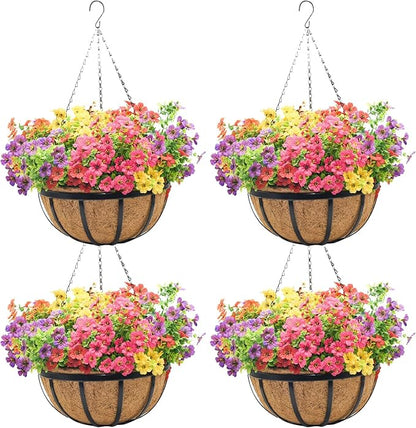 14 Inch Black Flat Iron Metal Hanging Planter Basket with Coco Coir Liner(4 Pack) Hanging Planters for Outdoor Plants Hanging Baskets for Plants Flower Pots for Deck Patio Porch Garden Balcony