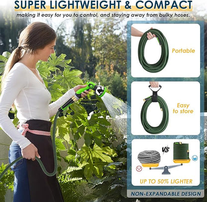 Non-Expandable Garden Hose 150 FT, Lightweight Hose with 10 Function Spray Nozzle, Kink-Free Flexible Water Hose, Durable, Leak-Proof, 360° Swivel Connectors, Portable Storage Strap