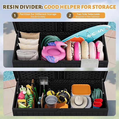 Flamaker Resin Deck Box 270 Gallon, Waterproof Imitation-Wood Lockable Storage Box with Separator Plate Outdoor Indoor, Garden, Patio Furniture for Tools&Pool Accessories (Black)