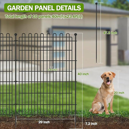 10 Panels No Dig Decorative Garden Fence with Gate for Yard, 40 in(H) X 23.6 ft(L) Animal Barrier Fencing for Outdoor Dog, Metal Portable Garden Fences for Borders, Pets, Landscape, Temporary Fence