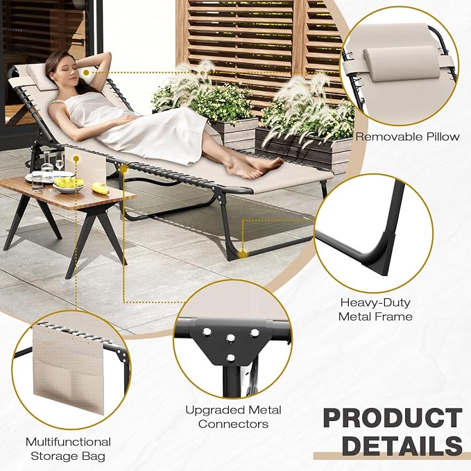 Folding Lounge Chair Outdoor, 4-Level Reclining Backrest Aluminum Lounge Chair, Removable Pillow & Side Pocket Design, Breathable Portable Tanning Chair for Poolside, Patio, Backyard, Beige
