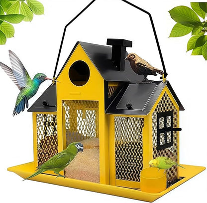 Solar Bird Feeders House for Outside Hanging, Metal Wild Bird Feeder for Outdoors Large Capacity Cardinal Birdfeeder Birdhouses Metal Bird Feeding Station Yellow