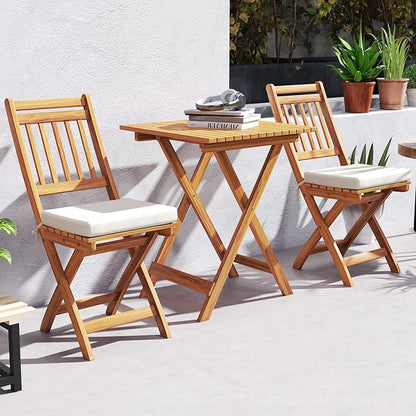 KOTEK Outdoor Folding Bistro Set, 3 Pieces Acacia Wood Bistro Set with Soft Cushions, Patio Bistro Table and Chairs for Backyard, Porch, Poolside (Vertical Slats)