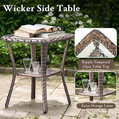 Luxury Outdoor Swivel Rocker Patio Chairs, High Back Swivel Patio Chairs with Side Table & 6-Inch Thick Cushions, Wicker Outdoor Bistro Set for Porch, Yard, Deck, Poolside, Brown/Grey