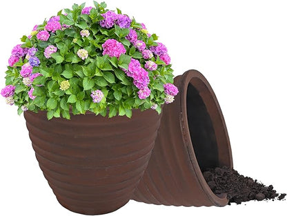 Sunnydaze Ribbed 13" Outdoor Plant Pot - Polyresin Double-Walled Planter for Indoor or Outdoor Use - Rust - Set of 2