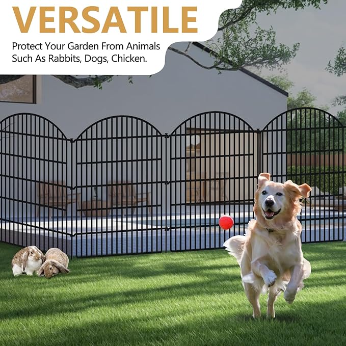 10 Panels Decorative Garden Metal Fence, 48in (H) x 24ft (L) No Dig Dog Fencing for Outdoor Yard, Rustproof Animal Ground Stakes Temporary Panel Border Barrier for Patio Flower Bed Camping