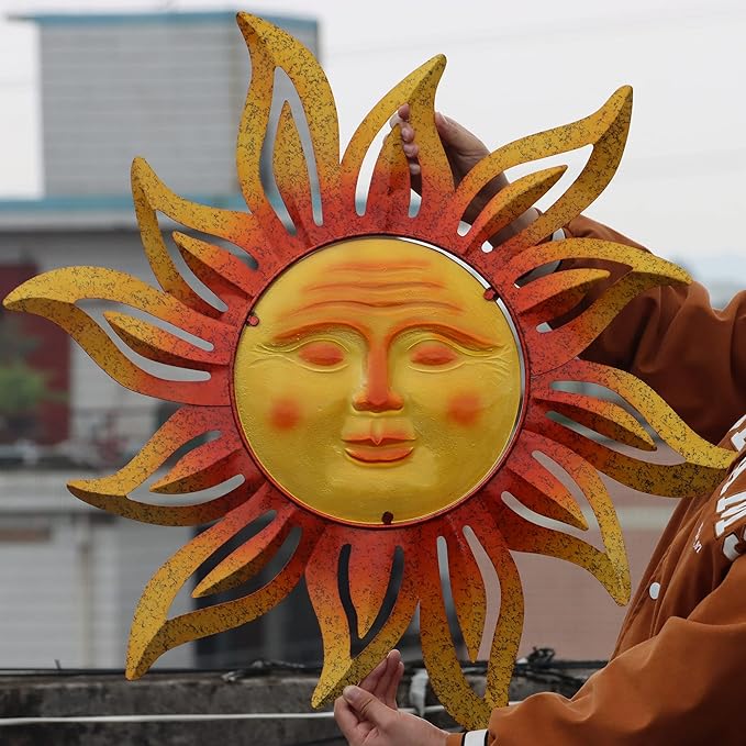 Large Size 32Inch Metal Sun Outdoor Valentine Wall Art Decor Large, Hanging for r Patio Garden Fence Yard Pool Wall Sculpture Decoration for Living Room