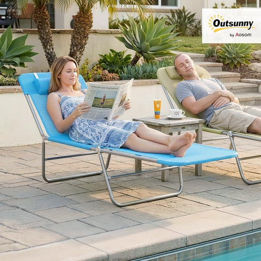 Outsunny Folding Chaise Lounge Outdoor Sun Tanning Chair w/Pillow, Blue | Reclining Back, Steel Frame, Breathable Mesh, Beach, Yard, Patio, Pool