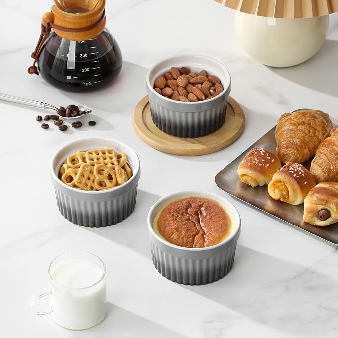 MALACASA Ramekins 8 oz Oven Safe, Large Ceramic Souffle Dishes for Baking & Serving, Stoneware Custard Cups Ramekin for Creme Brulee, Baking Bowls Set of 6, Grey, Series RAMEKIN-DISH