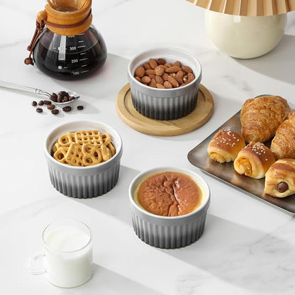 MALACASA Ramekins 8 oz Oven Safe, Large Ceramic Souffle Dishes for Baking & Serving, Stoneware Custard Cups Ramekin for Creme Brulee, Baking Bowls Set of 6, Grey, Series RAMEKIN-DISH