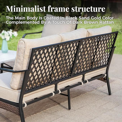 Patio Furniture Set with Firepit Table, Black Frame Outdoor Conversation Set with 4 x Fixed Chairs, 1 x 3-Seat Sofa for Lawn Garden Backyard, Beige