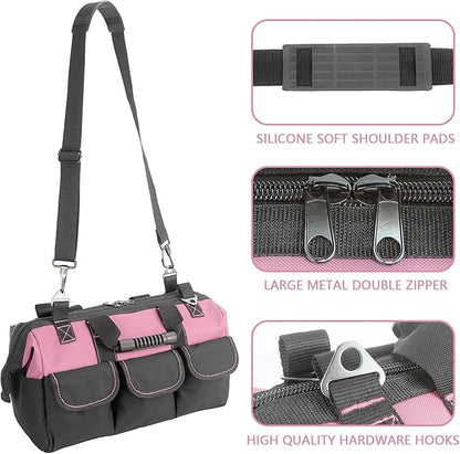 Garden Tools Bag 16inch Wide Mouth Women's Tool Bag with Molded Base and Plastic-Padded, Inside Pockets for Tool Storage,600D polyester fabric (Pink color)