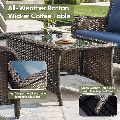 Wicker Outdoor Dialogue Set -6-Piece Outdoor Wicker High Back Sofa with Rotating Rocking Chair Terrace Furniture, Suitable for Deck, Pool, Backyard