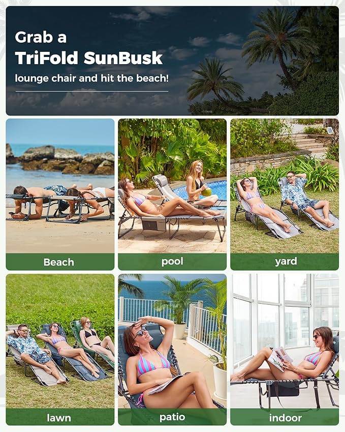 KingCamp 2 Pack Folding Lounge Chair Outdoor, Portable Tanning Chair with Face Hole Comfy Adjustable 5-Position Foldable Chaise Chaser Lounger for Outside Beach Patio Sun Bathing Pool, Green/White