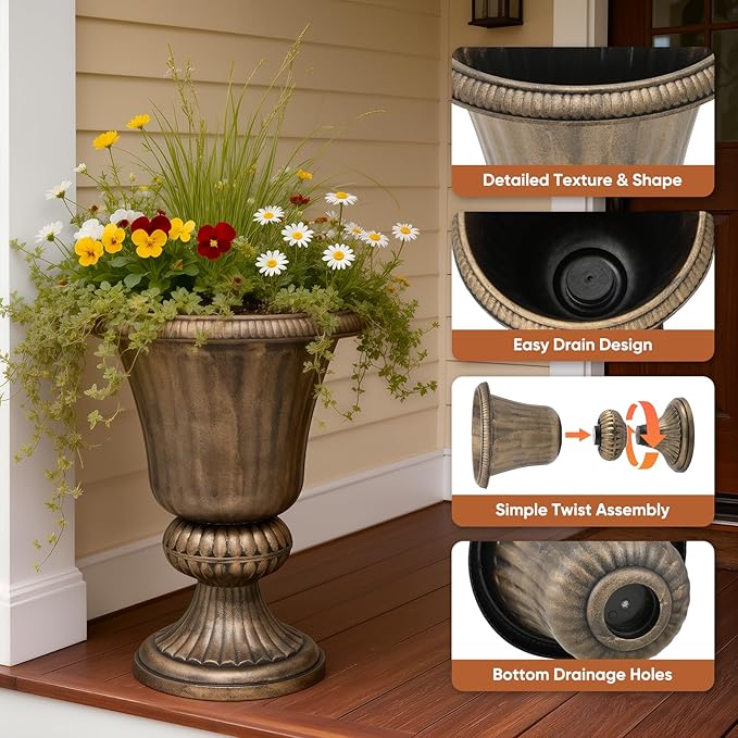 Athena Collection 20''H Garden Plastic Urn Vintage Tall Planter Urn Patio Large Flower Pot Porch Planter Large Planter for Indoor Outdoor Plant, Bronze