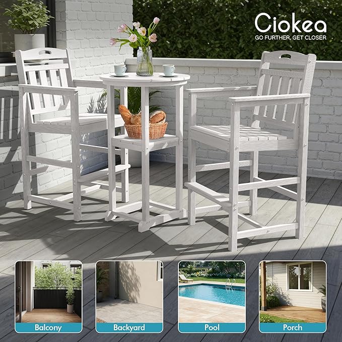 Ciokea Balcony Chairs and Table 3 Pieces Set, Outdoor High Top Bar Set, HDPE Oversized Adirondack Bar Chairs Set of 2 and Round Table for Outside Dining Bistro Poolside Backyard,