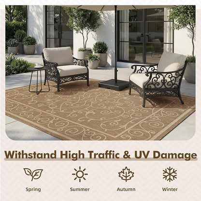 MontVoo-Outdoor Rug-Patio Rug 8x10 ft Polypropylene Indoor Outdoor Rugs Outdoor Carpet for Patio Deck Balcony Porch, Textured Weave, Durable for High Traffic, Fade-Resistant, Vintage Neutral Brown