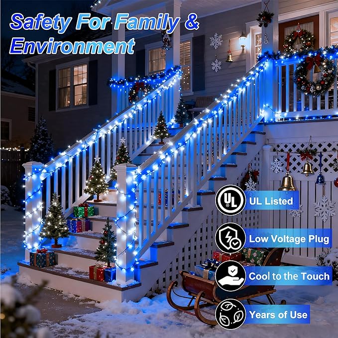 340 LED 90FT Christmas String Lights Outdoor, 12 Pro Modes and Timer Memory & Brightness, Plug in Outdoor Waterproof Clear Wire Twinkle Light for for Xmas Yard Tree Wedding Party Decor (Blue & White)