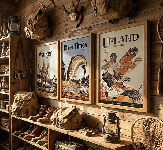 3Pcs Framed Retro Hunting Canvas Wall Art Outdoorsy Wild Animal Wall Decor Pictures Nature Wilderness Deer Wild Duck Fishing Posters Prints Gift Send Hunter Dad for Living Room Bedroom Home Decoration