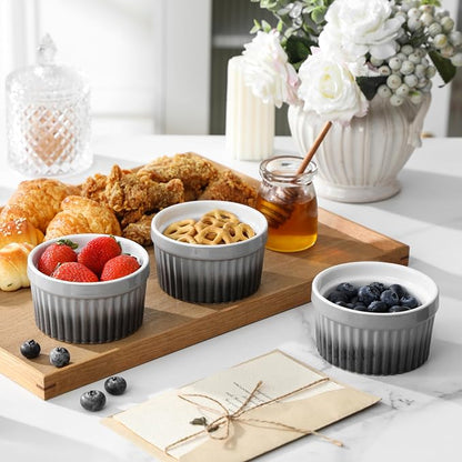 MALACASA Ramekins 8 oz Oven Safe, Large Ceramic Souffle Dishes for Baking & Serving, Stoneware Custard Cups Ramekin for Creme Brulee, Baking Bowls Set of 6, Grey, Series RAMEKIN-DISH