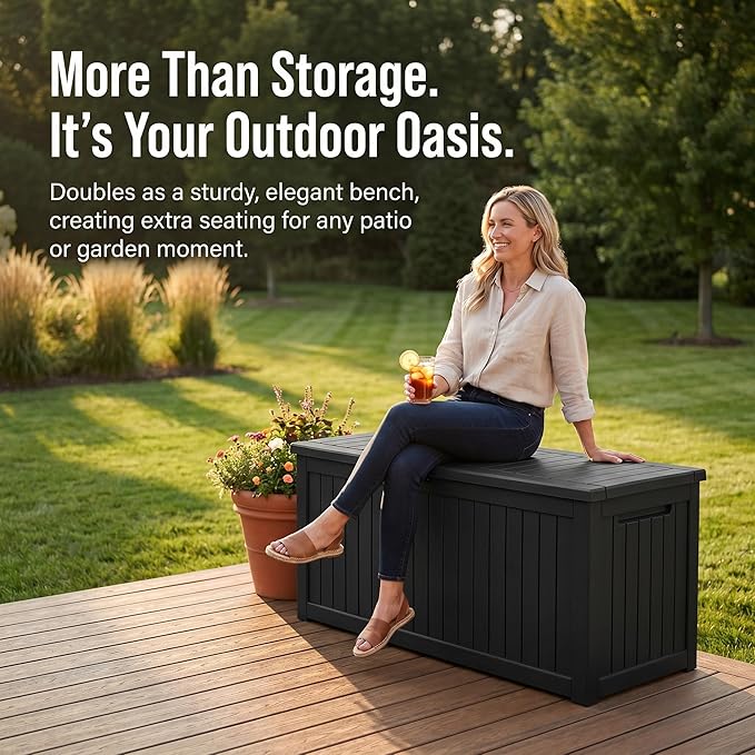 230 Gallon Deck Box, Waterproof Resin Outdoor Storage Box Lockable for Patio Furniture, Fade Resistant Patio Side Table & Organizer for Garden Tools, Pool Floats, Outdoor Cushions, Black