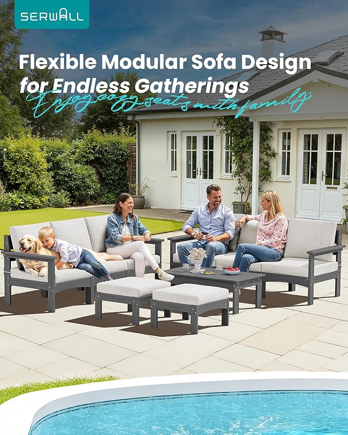 SERWALL 9 Pieces Patio Sofas, All-Weather HDPE Outdoor Sectional Sofa with Cushions and Coffee Table, Extra-Large Modular Conversation Set for Patio, Garden, Deck, Grey Frame with Khaki Cushion