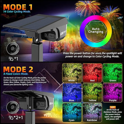 LEREKAM Solar Spot Lights Outdoor Color Changing, IP65 Garden Lights Solar Powered Waterproof with 9 Light Modes, Colored Landscape Lighting Auto On/Off, for Garden Pool Area Pond Yard, 10 Pack