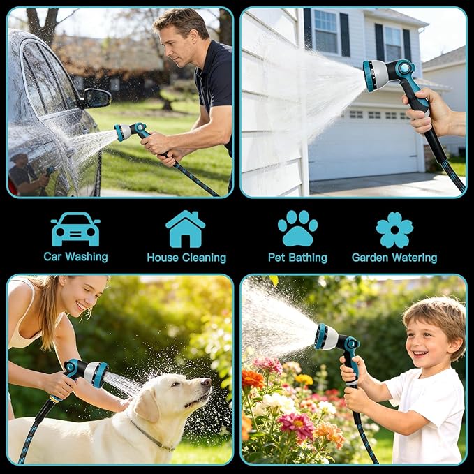 Gardentime 50FT Non-Expandable Garden Hose, Heavy Duty Flexible Water Hose with Leakproof 3/4" Fittings 10 Modes Spray Nozzle, Kink-Free, Lightweight & Durable for Yard, Lawn, Garden & Outdoor Use