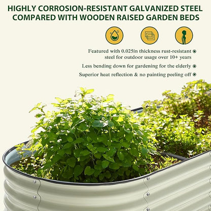 MUPATER Galvanized Raised Garden Bed 8x2x2ft, 9-in-1 Metal Raised Planter Box with 2 Aluminum Support Rods, Oval Outdoor Raised Garden Bed for Vegetable, Flower, Backyard and Patio, Cream White