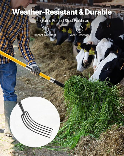 VEVOR Garden Fork, 5-Tine Gardening Pitchfork with Fiberglass Handle, 57 in Heavy Duty Digging Fork with Y Grip, Forged Steel Spading Fork for Hay Potato Composting Transplanting Aeration