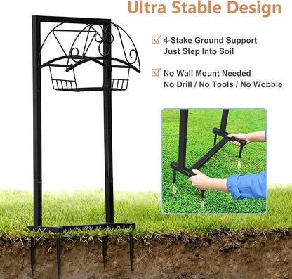 Skypatio Garden Hose Holder with Basket, Metal Water Hose Holder Holds 150ft Hose, Freestanding Hose Storage Stand with 4 Stakes, Rust-Resistant Heavy Duty Hose Hanger for Outside