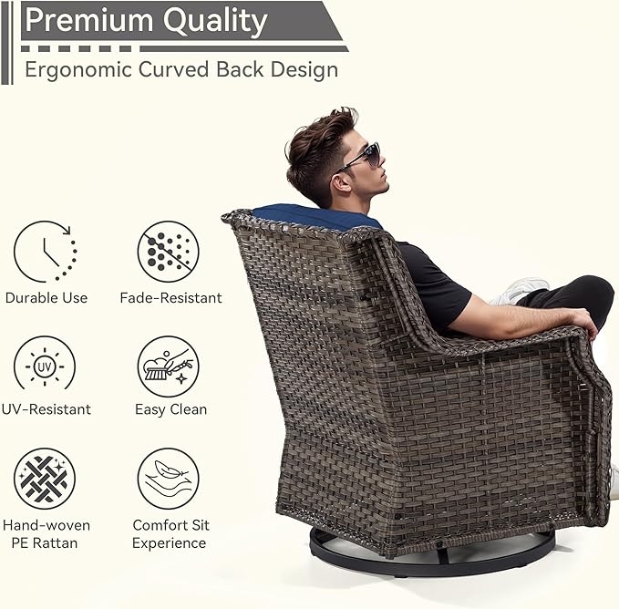 Outdoor Swivel Rocker Patio Chair - 360 Degree Patio Swivel Glider Chair with 3.5" Premium Olefin Fabric Cushions(Mixed Grey/Blue)