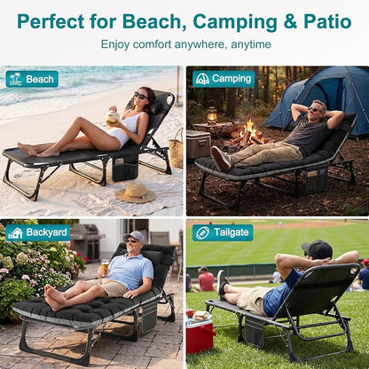 ABORON Tanning Chair, 5-Position Padded Folding Chaise Lounge | 5-position folding chaise lounge supports 500 lb and has a removable cushion and pillow for sunbathing, poolside or patio.