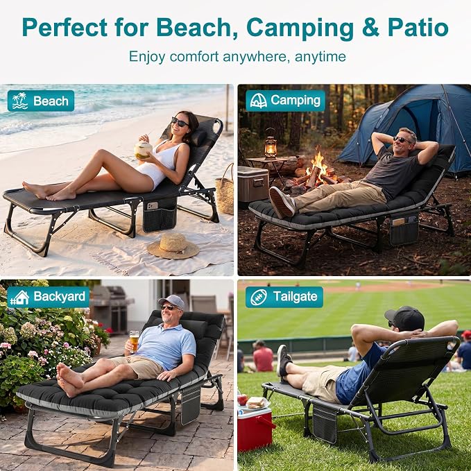 ABORON Tanning Chairs, 2 Pack, 5-Position Padded Folding Loungers | Set of 2 folding chaise lounges with 5-position backs, padded mats and pillows; supports up to 500 lb per chair.