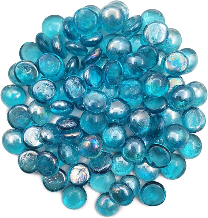 Flat Glass Marbles 1 Pound Vase Filler Fire Pit Glass Pebbles for Indoor Plants, Aquarium Fish Tank Decorations, Home Decor, Fire Pit, Landscaping, Arts Crafts (Ocean Blue)